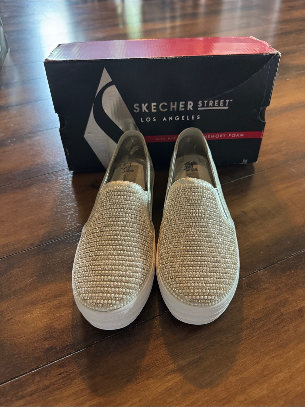 Skechers Slip-On Platform Sneakers in Beige with White Soles